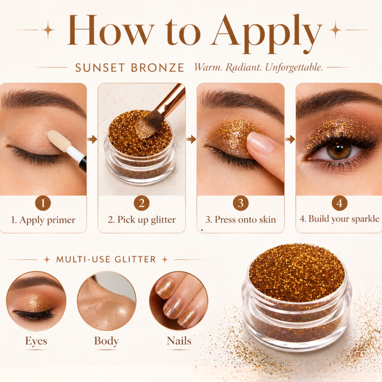 Sunset bronze glitter cosmetic — portfolio cover