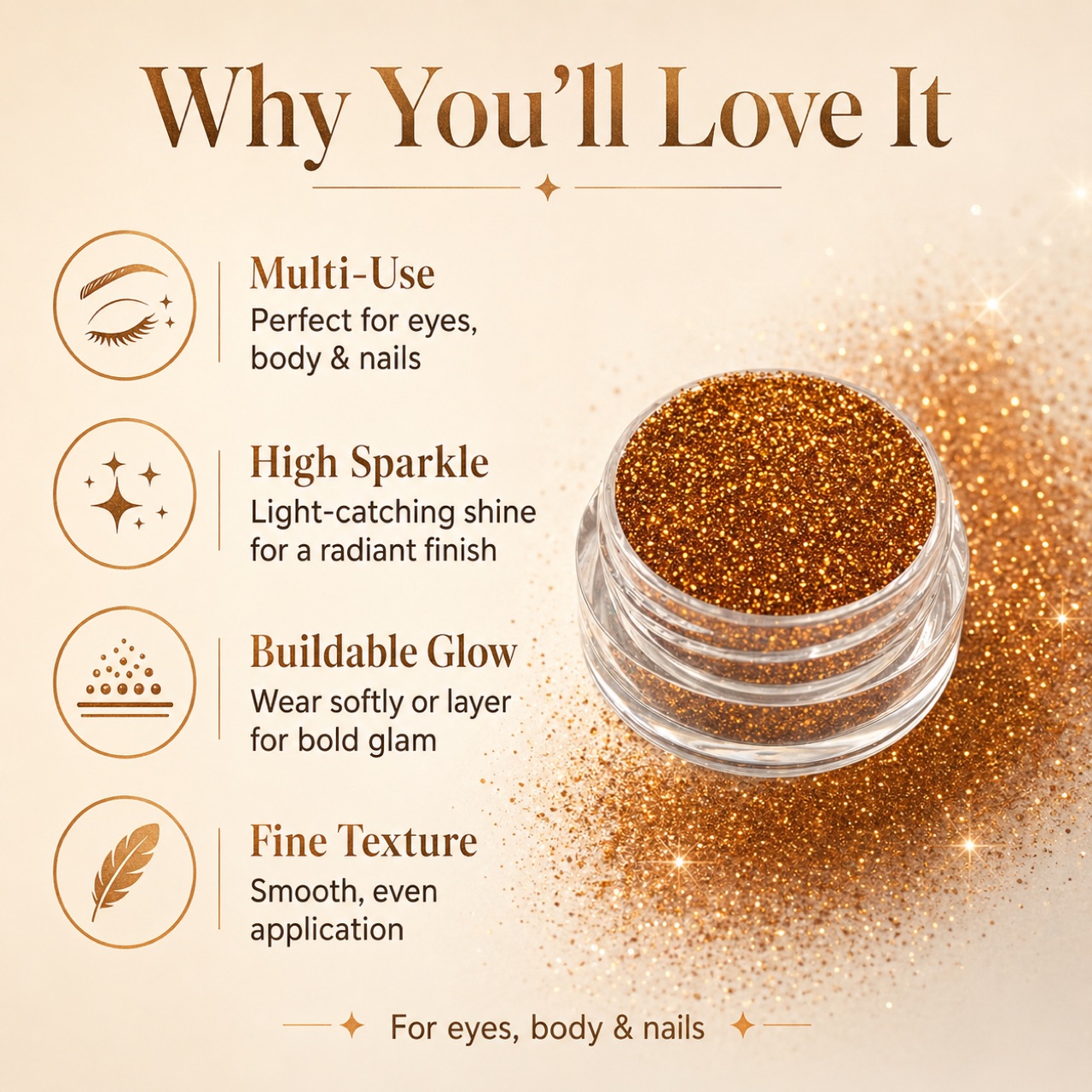 Sunset Bronze loose glitter premium beauty concept — Benefit-led visual