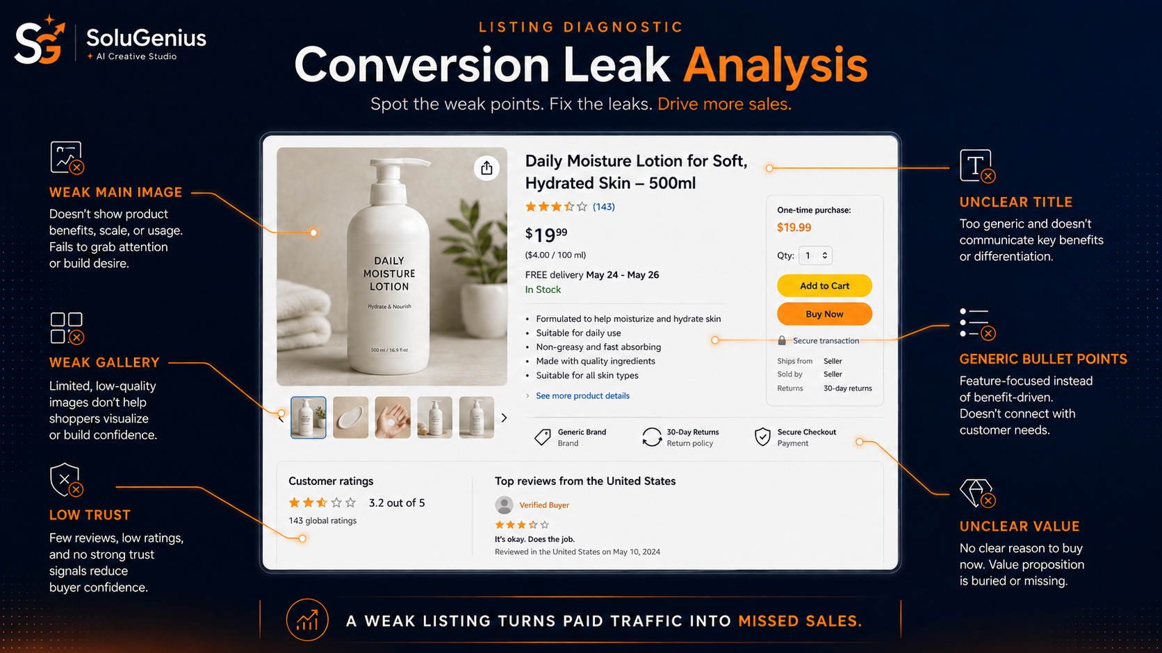 Conversion leak analysis diagnostic highlighting six weak points of an Amazon listing